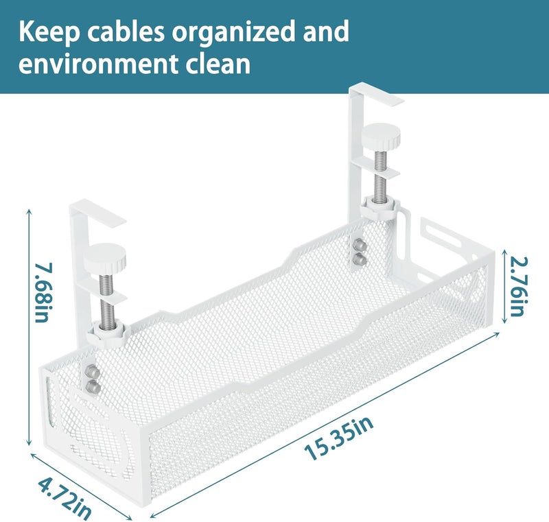 Ucanng Under Desk Cable Management Tray, No Drill Mesh Desk Cable Tray, Wire Management Tray Cable Management Rack, Wire Organizer and Cable Management Box (White) - Image 2
